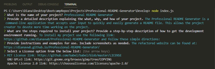 The Professional README Generator webpage includes a README template.